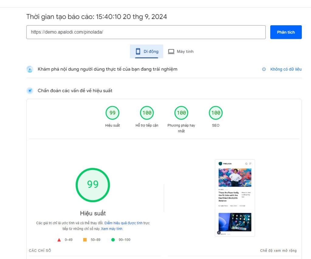 Test điểm google speed