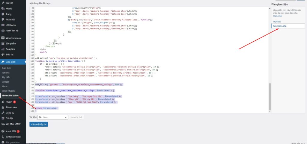Vào chỉnh sửa giao diện wordpress
